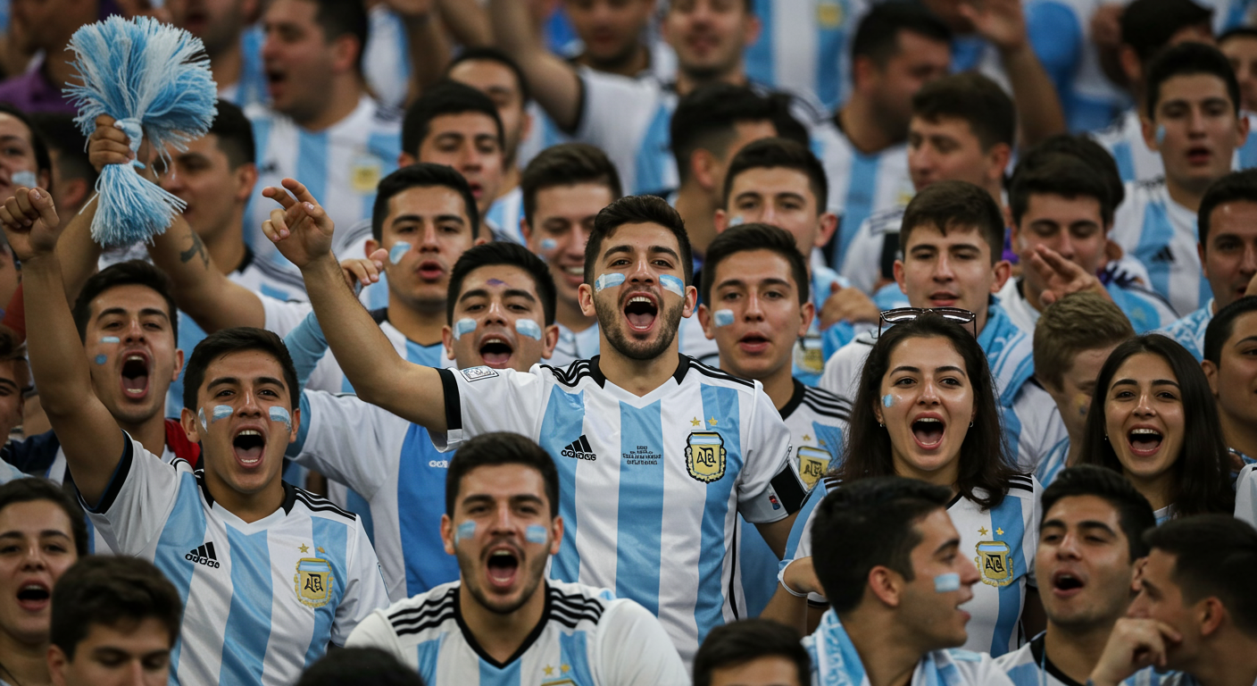 argentina fans wearing team jerseys shouting with joy